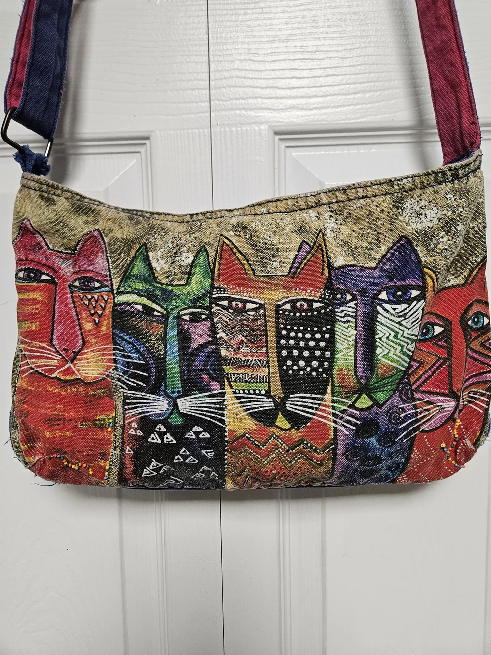 Laurel Burch Multicolor Cat Print Signed Artwork Crossbody Purse Distress 14x9x3